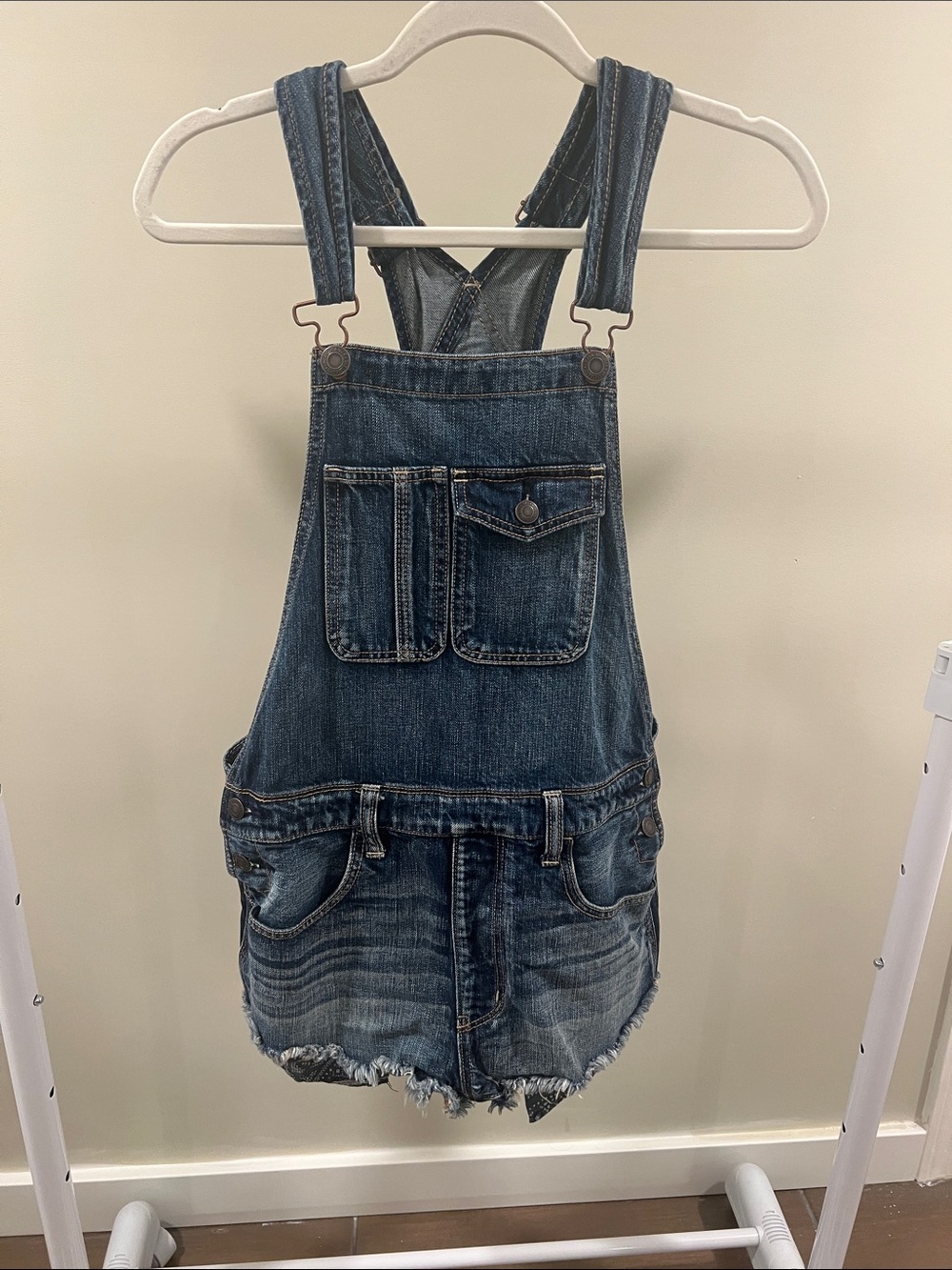 American Eagle Outfitters Dark Blue Denim Overall Shorts